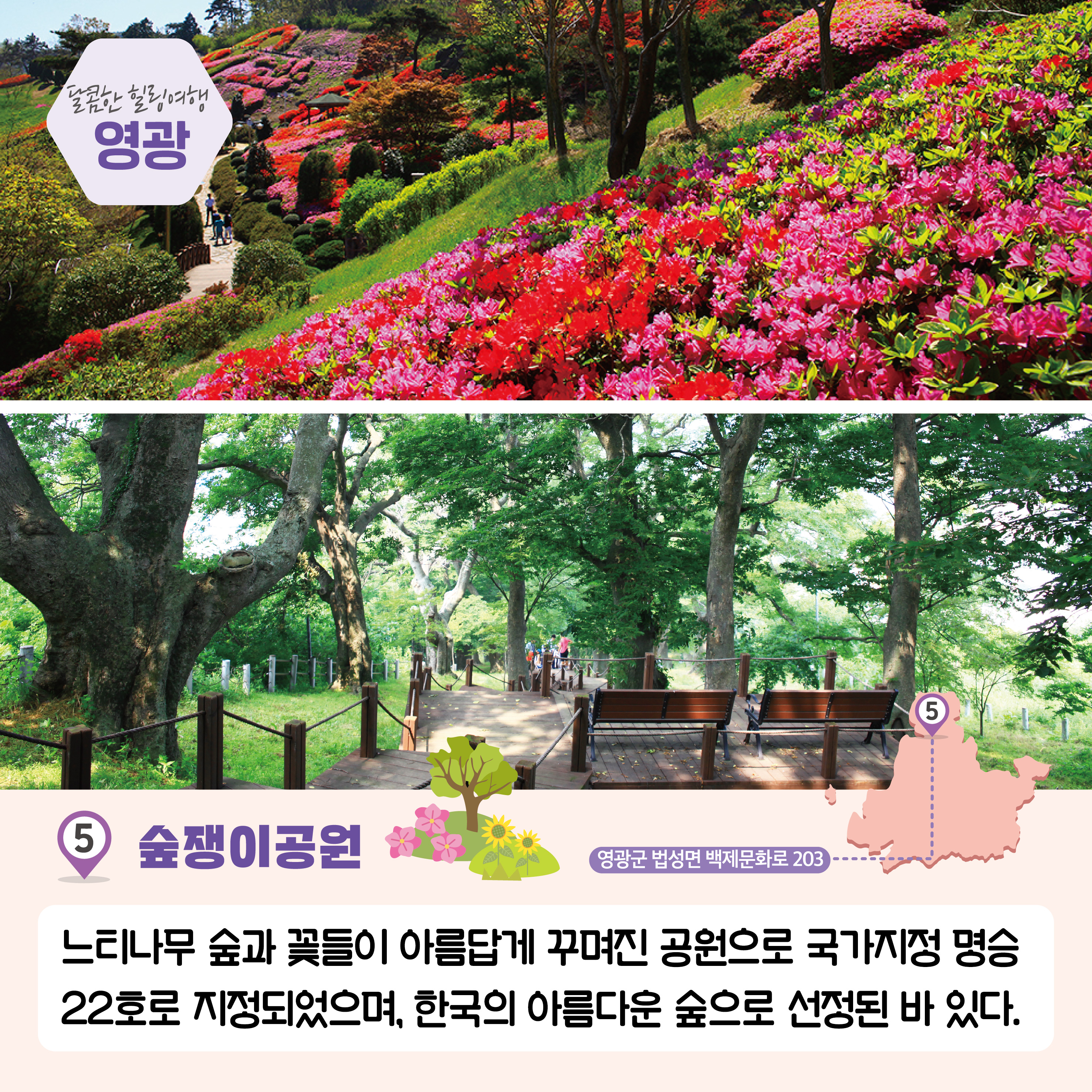 달콤한 힐링여행 영광, 5. 숲쟁이공원, 영광군 법성면 백제문화로 203, 느티나무 숲과 꽃들이 아름답게 꾸며진 공원으로 국가지정 명승 22호로 지정되었으며, 한국의 아름다운 숲으로 선정된 바 있다. 